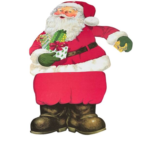 Vintage Jumbo Santa Claus Holding Gifts Paper Cut Out Posable Christmas Wall Art